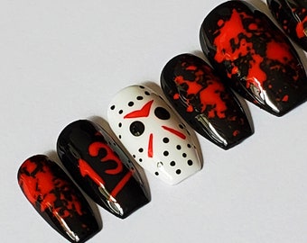 VOORHEES | hand painted horror press on gel nails | Includes application kit!