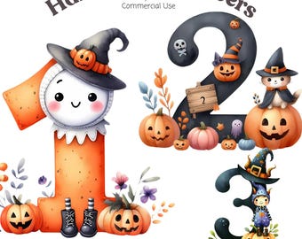 May include: Watercolor illustration of Halloween-themed numbers 1, 2, and 3. Each number is decorated with pumpkins, witch hats, and other spooky elements. The text "Halloween Numbers" is at the top.