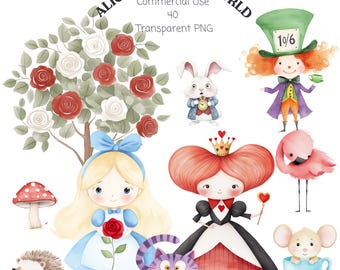 Alice in Wonderland Clipart: Watercolor Fairy Tale Images (Commercial Use, PNG, PDF Download)