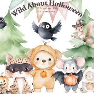 Schattige Halloween-dierenillustraties in kinderkamerstijl – spookachtige bosvrienden, trick-or-treat-dieren, herfstclipartset voor kinderen