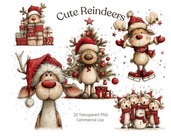 Peut inclure: Ensemble d'illustrations à l'aquarelle de rennes mignons dans des tenues de vacances. Les rennes portent des bonnets de Père Noël, des écharpes et des patins à glace. Certains sont près d'un sapin de Noël et de cadeaux. Le texte "Cute Reindeers" est en haut.
