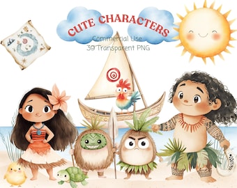 Watercolor Polynesian Princess Clipart: Fantasy Nursery PNG (Digital Download)