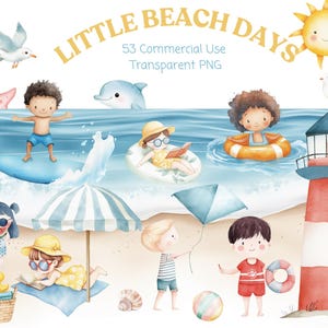 Little Beach Days Clipart Bundle, Sommer Kinderzimmer Clipart, Strand Kinder, Meerestiere, Pastell Sommer Clip Art für Baby Shower Geburtstag