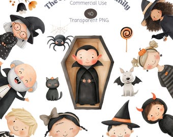 Halloween Family Clipart – Whimsical Witch, Spooky Kids PNG (Commercial Use)