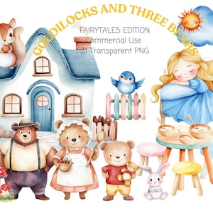 Clipart Boucle d'or | Clipart de conte de fées | Ours mignons | Clipart forêt de fête | Aquarelle Animaux de la forêt des bois