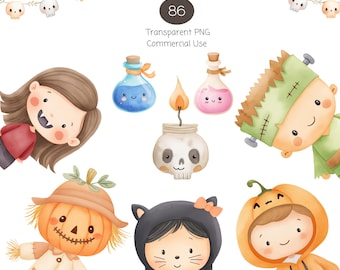 Clipart na Halloween: Akwarelowa wiedźma, szkielety (PNG do pobrania)