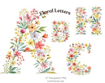 Whimsical Floral Letters: Nursery Graphics Bundle (Digital Download - 27 PNGs)
