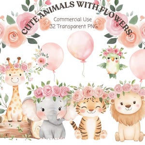 Clipart bébés animaux | Animaux avec des fleurs PNG | Graphismes mignons de bébé animal | Décoration sauvage pour une fête pour chambre d'enfant | Ensemble d'animaux imprimables png