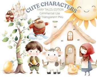 May include: A set of 30 watercolor illustrations featuring cute fairy tale characters. The illustrations include a gnome, a cow, a little girl in a red hood, a house, a tree, a sun, and a castle. The illustrations are perfect for creating digital products, scrapbooking, and other creative projects.
