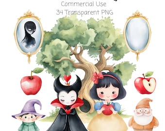 Paquete de imágenes prediseñadas de Blancanieves: Gráficos digitales de princesas (descarga instantánea, archivos PNG)