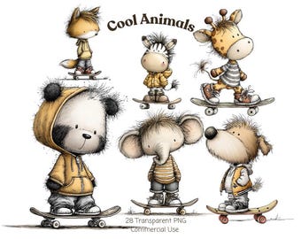 Imágenes prediseñadas de animales patinando en acuarela: Gráficos PNG de fantasía para guardería (Descarga digital)