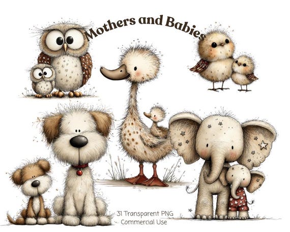 Animals & Babies Animals Whimsical Clipart: Nursery Graphics (Digital Download - 31 PNGs)
