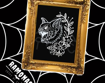 Lámina A6 de murciélago floral: arte de murciélagos, ilustración floral, naturaleza gótica, decoración de brujas, arte alternativo