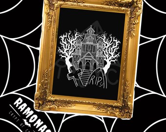 Impresión A6 de Casa Embrujada / Ilustración gótica espeluznante / Arte mural de terror de Halloween