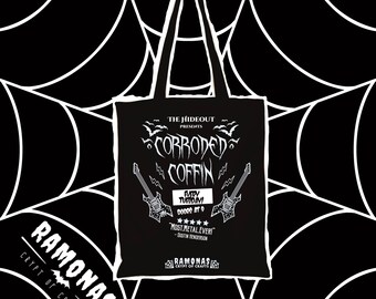 Corroded Coffin Tote Bag | Gothic Metal Band Tote | 80s Horror Inspired Graphic Shirt