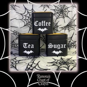 Haunted Canisters | Set of 3 Gothic Tea Coffee Sugar | Black and Gold Kitchen Storage