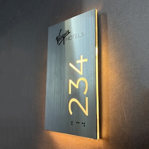 Illuminated Hotel Room Number with ADA Braille and Your Logo, LED Personalized Door Plaque, Custom Acrylic Hotel Decor, Room Identifier Sign