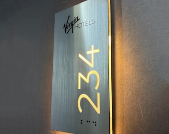 Illuminated Hotel Room Number with ADA Braille and Your Logo, LED Personalized Door Plaque, Custom Acrylic Hotel Decor, Room Identifier Sign
