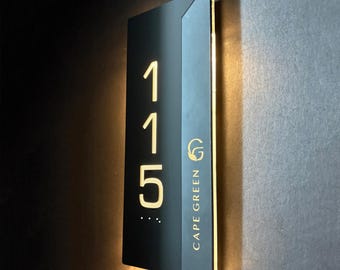 Personalized LED Room Number Sign, Custom Hotel Door Plaque, Illuminated ADA Braille Sign, Modern Room Number Sign for Hotel Doors