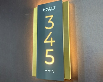 LED Hotel Room Number Sign, Illuminated Acrylic Door Plaque with ADA Braille, Custom Room Number Light, Gold Modern Sign