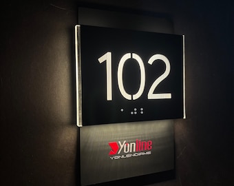LED Hotel Room Sign with ADA Braille, Custom Illuminated Door Number Plaque with Your Logo, Personalized Acrylic Hotel Door Sign