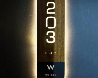 Custom LED Walnut Hotel Room Number Sign with Your Logo, Personalized Wooden Door Plaque, ADA Braille Illuminated Room Number for Hotels