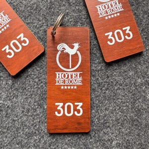 Personalized Hotel Keychain, Custom Guesthouse Key Fob, Keyring With Logo And Room Numbers, Wooden Key Holder