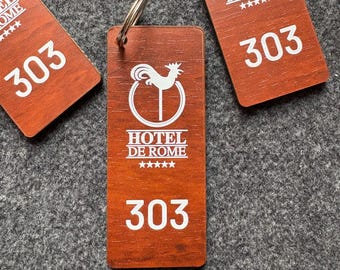 Personalized Hotel Keychain, Custom Guesthouse Key Fob, Keyring With Logo And Room Numbers, Wooden Key Holder