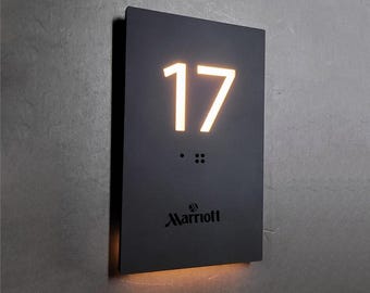 LED Room Number Sign, Custom Hotel Door Sign, Modern Hotel Door Room Sign, Hotel Decor, Personalized Number with ADA Braille and Your Logo