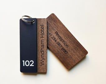 Wooden Hotel Keychain, Engraved Hotel Name and Room Number, Personalized Motel Key Fob, Custom Vintage Key Ring