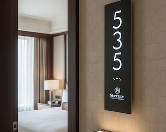 Modern ADA Braille Room Number Sign, Custom Hotel Door Plaque with Logo and Number, Personalized Acrylic Signage for Hotels and Resorts