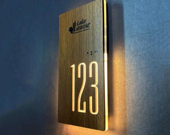 Custom Wooden Door Sign for Hotel, LED Room Number Sign with Your Logo, Personalized Walnut Door Number Sign, ADA Braille Hotel Door Plaque