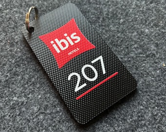 Key Holder for Hotels, Personalized Key Fob with Logo and Room Number, Custom Keychain, Carbon Pattern Key Ring