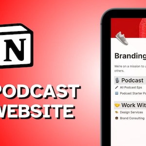 May include: A digital tablet shows a website interface titled "Branding Deep Dive." The website offers podcast content, design services, and resources. A logo with the letter "N" and the words "Podcast Website" are on the left.