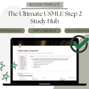 Könnte beinhalten: Ein Laptop-Bildschirm zeigt eine Notion-Seite mit dem Titel "USMLE Step 2 Study Hub". Die Seite enthält einen Masterplan, Themen der Stufe 2 und Themen, die eine Überprüfung erfordern. Die Seite soll bei der Planung und Nachverfolgung des USMLE Step 2-Studiums helfen.
