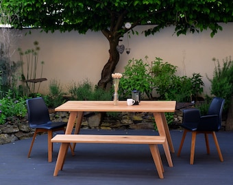 Table à manger 160 x 85 cm et banc fabriqués à la main en chêne massif