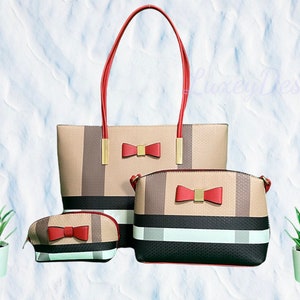 Juego de regalo de bolso de lujo a cuadros de lujo limitado para mujeres / Tote de cuero vegano Crossbody y Wristlet - Rojo