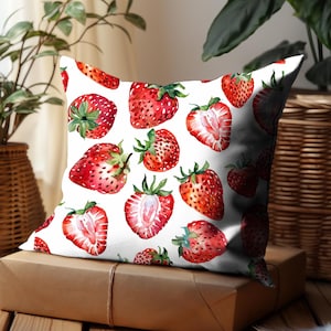 Strawberry Cute Fruit Throw Pillow, Cottagecore Summer Vibe Home Decor, Mama Friend Gift Cushion, Gardener Plant Lover, Kawaii Aesthetic