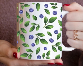 Bluebeery Coffee Tea Camp Mug, Green Home Decor Ceramic Mug, Minimalistic Green Mug, Funny Cute Berry Lovers Mug11oz, Unique Mug Blueberry