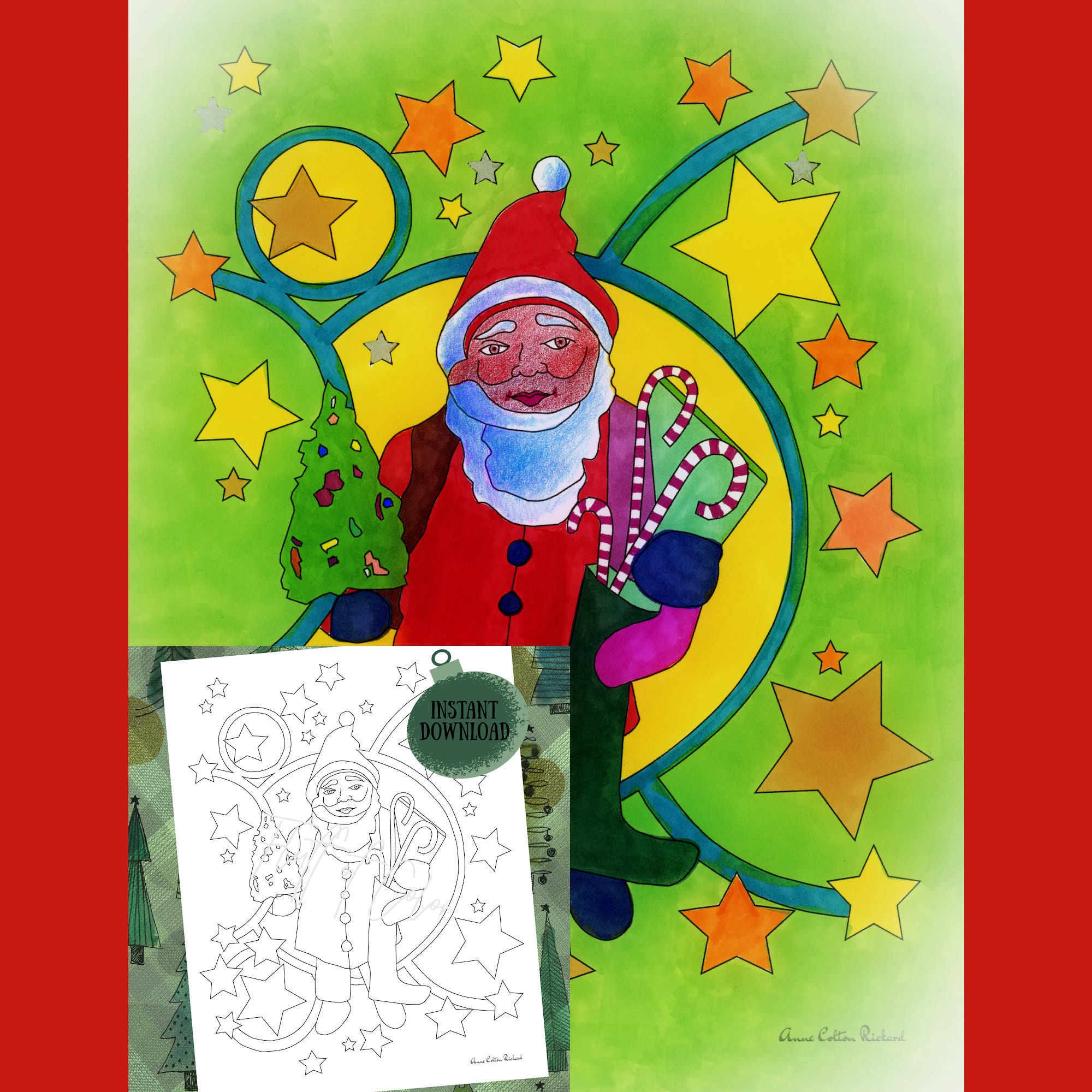 Vintage Santa With Stars | PDF Printable | Coloring Page for Adults ...
