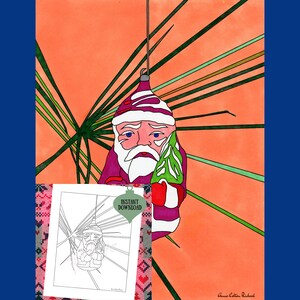 May include: A printable colouring page featuring a Santa Claus bauble with a green leaf design. The bauble is hanging from a string and is surrounded by a background of green and orange lines. The text "Instant Download" is visible on a green bauble.