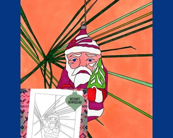 Adorno de Papá Noel vintage en miniatura / PDF imprimible / Página para colorear para adultos / Descarga digital instantánea para Navidad