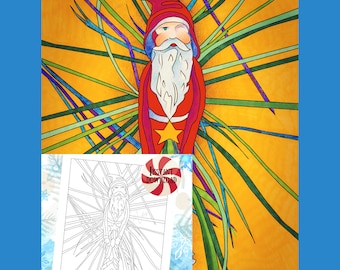 Vintage Santa Ornament / PDF imprimible / Página para colorear para adultos / Descarga digital instantánea para Navidad