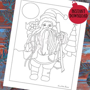 May include: A black and white line drawing of Santa Claus carrying a bag of gifts and a string of bells. He is walking in the snow with a Christmas tree in the background. The image is titled "Anne Cotton Richard".