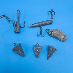 Vintage Fishing Tackle Lot 1970s Lead Sinkers Treble Hook Lures Rustic Handmade