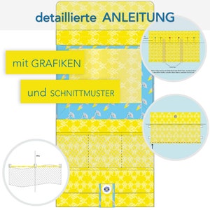 May include: A detailed sewing pattern with instructions and diagrams for a yellow and blue fabric project. The text on the image reads "detaillierte ANLEITUNG mit GRAFIKEN und SCHNITTMUSTER".