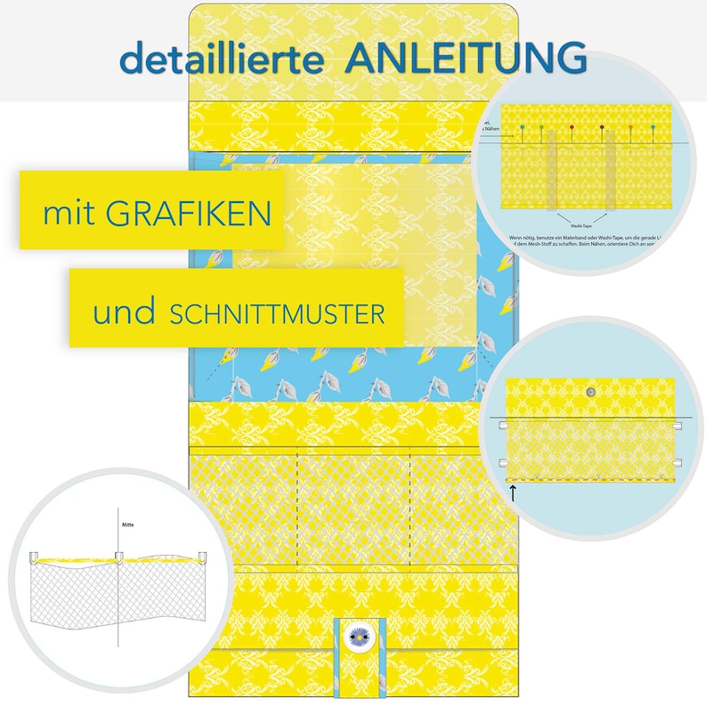 May include: A detailed sewing pattern with instructions and diagrams for a yellow and blue fabric project. The text on the image reads "detaillierte ANLEITUNG mit GRAFIKEN und SCHNITTMUSTER".