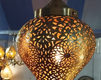 Moroccan Hanging Light – Handmade Brass Pendant Lamp, Boho Ceiling Light, Pierced Metal Lantern, Moroccan Decor for Bedroom or Living Room
