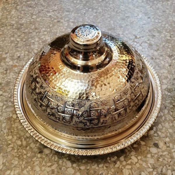 Luxurious Handcrafted Moroccan Brass Tajine with Lid and Serving Tray Moroccan brass tajine, handcrafted, Moroccan design, luxurious
