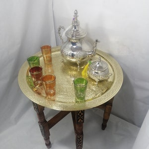 Moroccan tray, Moroccan tea table, Moroccan coffee table, carved engraved coffee table, brass tray,